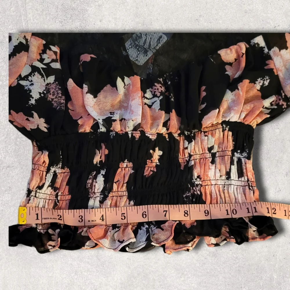 Free People Daphne Lace Floral Crop Blouse Black Pink Smocked Top XS